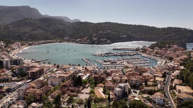 Port of Soller in Mallorca, Balearic Islands, 4k 30fps aerial images, 1 inch sensor drone