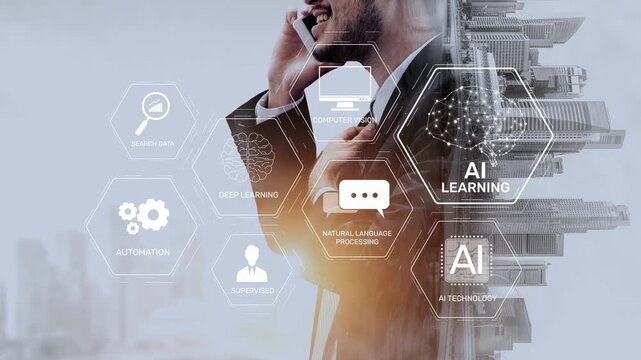AI learning system involves deep learning, supervised machine learning, and natural language processing. AI learning diagram shows how AI advances learn in automation and data processing. Muxer