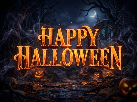 A spooky dark forest background with glowing pumpkins and the text happy halloween written in a festive golden font style