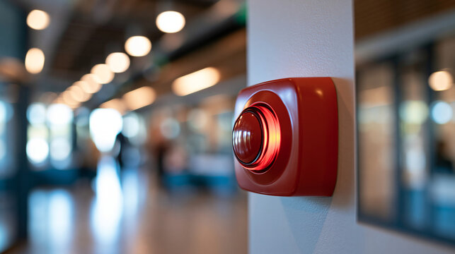 red fire alarm button mounted on a bright wall in a school hallway, safety and evacuation preparedness concept, technology, building protection, education, modern interior, clean,
