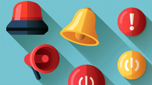 diverse set of flat design emergency and alarm icons featuring sirens, a bell and an emergency button in bright colors, safety concept, technology, icon, modern, minimal, graphic