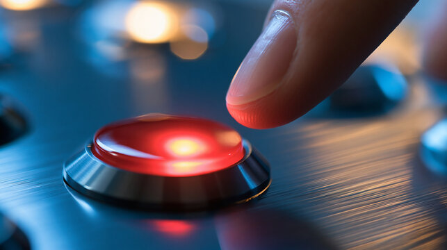 finger approaching a glowing red button on a brushed metal surface in bright even lighting, close-up detail, emergency action concept, technology, control panel, alert, decision,