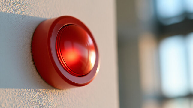 close-up of a red emergency alarm button mounted on a bright textured wall, urgency and alertness concept, technology, safety equipment, modern interior, clean, functional,
