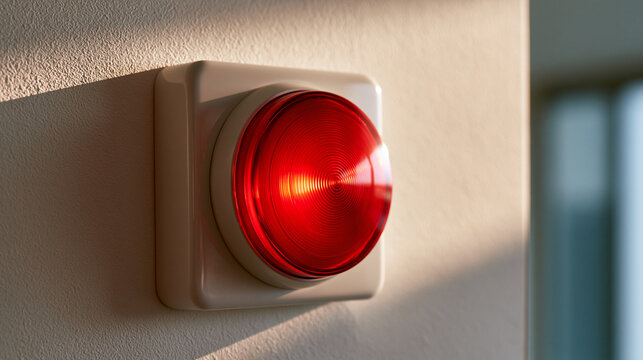 close-up of a red emergency alarm button mounted on a bright textured wall, urgency and alertness concept, technology, safety equipment, modern interior, clean, functional,
