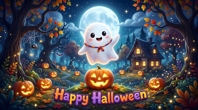 A cute little ghost floating above a glowing carved pumpkin in a magical forest scene wishing you happy halloween tonight