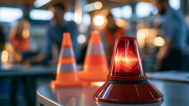 red emergency alarm button with an illuminated light and an orange safety cone on a table in a bright industrial workshop, faces and background blurred, safety and alert concept,