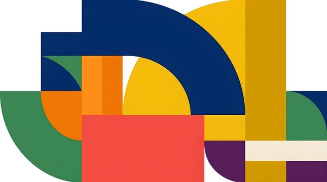 Contemporary abstract composition combining large geometric curves, rectangles, and semicircles in vibrant blue, yellow, orange, green, and red tones on a clean white background.