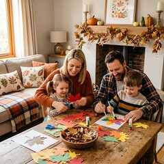 Fototapeta premium A family of four engaging in a fun autumn craft activity together in their cozy living room
