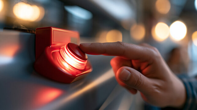close-up of a hand pressing a red fire alarm button in bright even lighting, safety measures and emergency preparedness concept, technology, building protection, alert system,