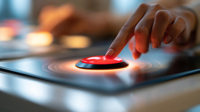 person's hand activating a red button glowing under warm accent light on a bright table surface, emergency alert concept, technology, control panel, modern, clean, functional,