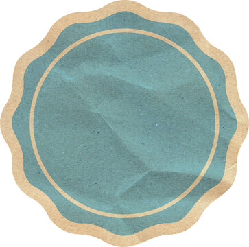 Vintage Teal Blue Paper Label Scalloped Kraft Paper Badge with Wrinkled Texture and Rustic Retro Style Design for Branding and Product Packaging Elements