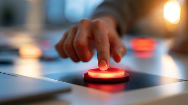 person's hand activating a red button glowing under warm accent light on a bright table surface, emergency alert concept, technology, control panel, modern, clean, functional,