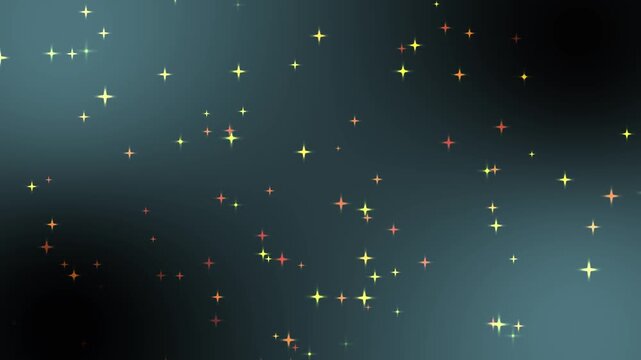 Abstract background with colorful glowing star sparkles floating across dark space backdrop in seamless looping animation for holiday and magic video.