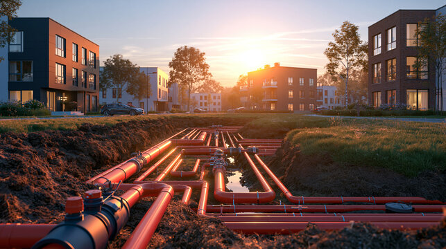 Underground district heating pipes installed at a residential development site at sunset. Concept for energy.