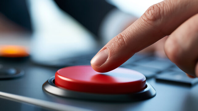 close-up of a man's finger in a suit sleeve pressing a large red button on a bright clean background, business decision concept, technology, control panel, modern, functional,