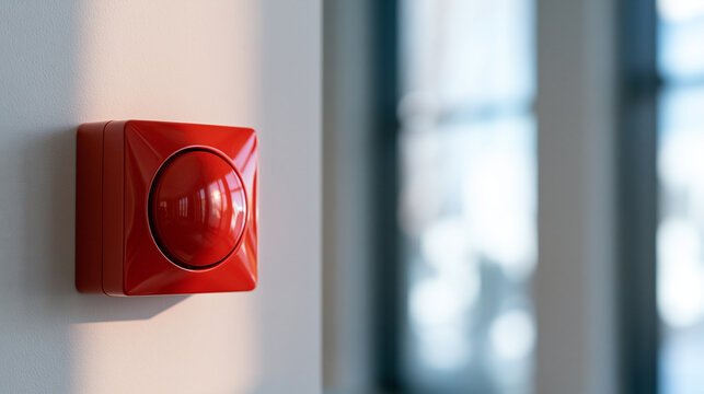 red emergency alarm button mounted on a bright wall, safety alert concept, technology, industrial design, modern interior, clean, functional, minimal, control panel, bright, with