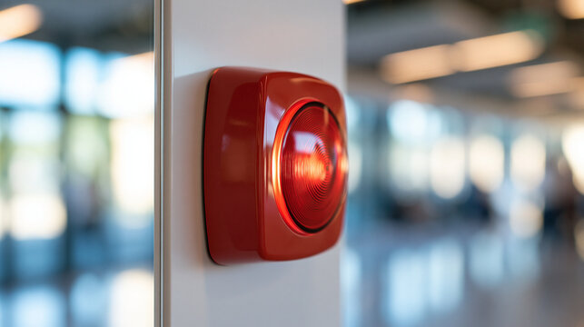 red emergency alarm button mounted on a bright wall, safety alert concept, technology, industrial design, modern interior, clean, functional, minimal, control panel, bright, with