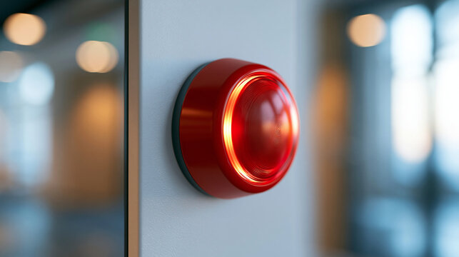 red emergency alarm button mounted on a bright wall, safety alert concept, technology, industrial design, modern interior, clean, functional, minimal, control panel, bright, with