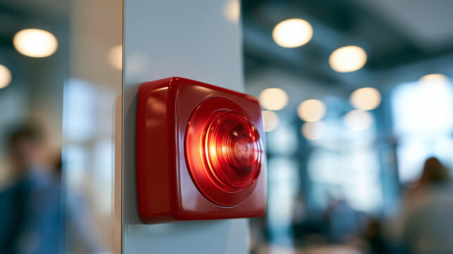 red emergency alarm button mounted on a bright wall, safety alert concept, technology, industrial design, modern interior, clean, functional, minimal, control panel, bright, with