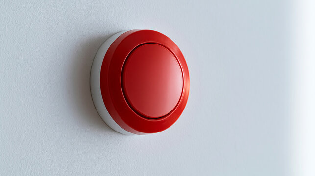 close-up of a red circular alarm button mounted on a bright textured wall, emergency alert concept, technology, safety equipment, modern interior, clean, functional, industrial