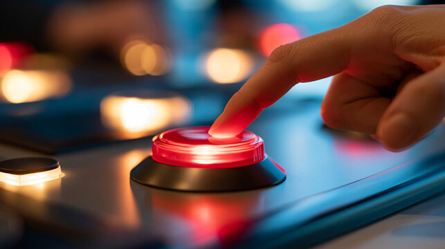 close-up of a finger pressing a red panic button on a bright evenly lit control panel, urgency and emergency response concept, technology, safety equipment, modern, clean,