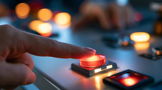 close-up of a finger pressing a red panic button on a bright evenly lit control panel, urgency and emergency response concept, technology, safety equipment, modern, clean,