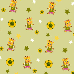 Fototapeta premium Cute Giraffe Playing Soccer Seamless Pattern for Kids, Sports Background