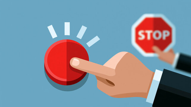 business hand pushing a red button icon and holding a stop sign symbol rendered as a bright vector illustration, decision and action concept, technology, icon, modern, minimal,