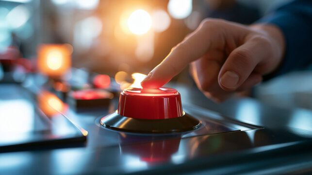 close-up of a hand pressing a red emergency stop button in bright even lighting, industrial safety concept, technology, control panel, alert system, modern, clean, functional,