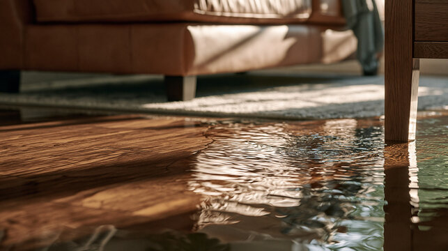 Flooded living room with water covering hardwood floors. Home disaster and property damage insurance concept.