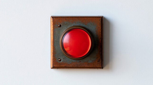 red vintage stop button on a weathered metal panel mounted on a bright wall, industrial emergency halt control switch concept, technology, vintage design, safety equipment,