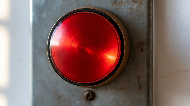 red vintage stop button on a weathered metal panel mounted on a bright wall, industrial emergency halt control switch concept, technology, vintage design, safety equipment,