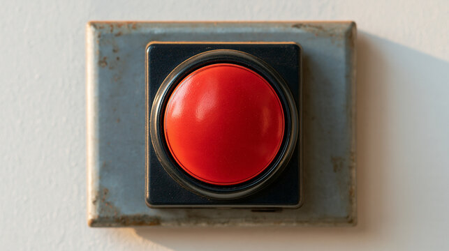 red vintage stop button on a weathered metal panel mounted on a bright wall, industrial emergency halt control switch concept, technology, vintage design, safety equipment,