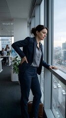 Fototapeta premium A businesswoman stands confidently by the office window, gazing out at the cityscape while her colleagues work in the background.
