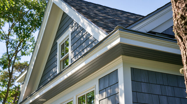 A close-up view of a blue house exterior with shingle siding and white trim. Ideal for residential construction.
