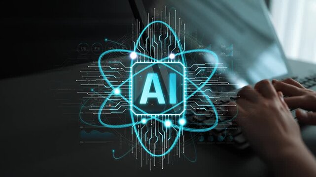 Futuristic Artificial Intelligence Concept with Neon Elements and Human Interaction on a Laptop in a Modern Workspace Environment Sigmoid