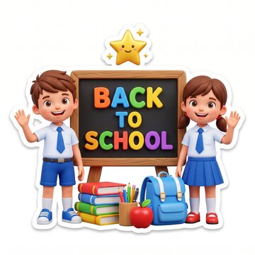 Cartoon children waving hello next to a chalkboard with colorful back to school text books apple backpack smiling star sticker children students education