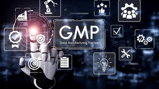 Modern Concept of Good Manufacturing Practice GMP with Robotic Hand Interacting with Digital Icons in Industrial Background. Entropy.