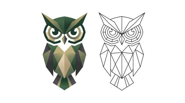 Geometric owl set with colored low poly version and black outline vector art, suitable for logos, emblems, and graphic design isolated on white background