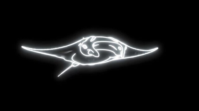 White Neon Line Art Manta Ray with Fin Movement on Black Background