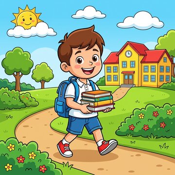 Cartoon schoolboy walking home with books and a backpack on a sunny day backpack education learning studying academic outdoors happiness cartooncharacter