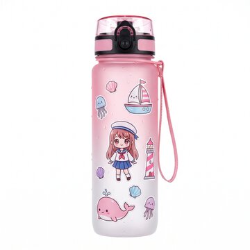 Clear pastel pink gradient drinking bottle with nautical character stickers gradient nautical drinking container lighthouse transparent children beverage