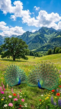 Two majestic peacocks with fanned tails standing in a wildflower field before mountain peaks mountains wildlife feathers colorful majestic landscape