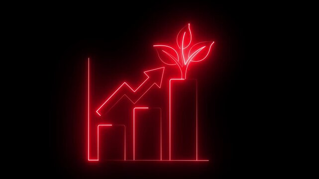 Red neon growth chart with upward arrow and plant