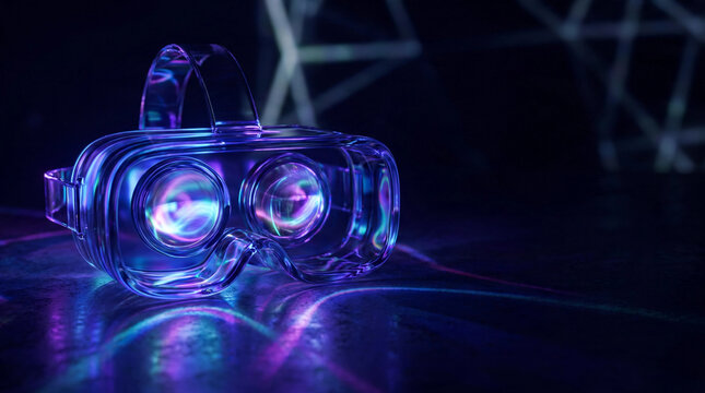 Abstract translucent glass VR headset silhouette with glowing lens