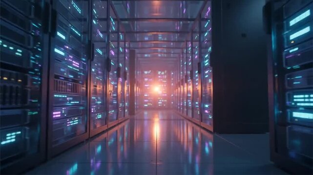 Data center server room corridor with glowing lights and server racks