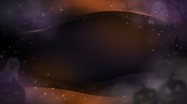 A spooky halloween background with glowing pumpkins and ghostly figures in a dark misty forest setting perfect for your festive holiday graphic design