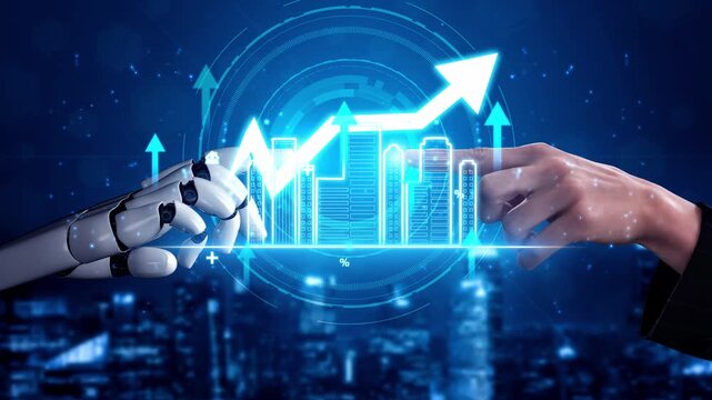 Futuristic Collaboration Between Human and Robot with Digital Graph Showcasing Business Growth and Technological Advancement in Urban Environment. Entropy.