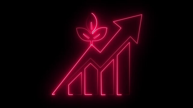 Neon cannabis leaf growing on upward arrow chart