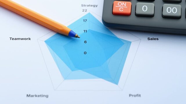 A modern radar chart displaying business performance metrics with an orange ballpoint pen and a calculator in a clean minimalist workspace. Close up.